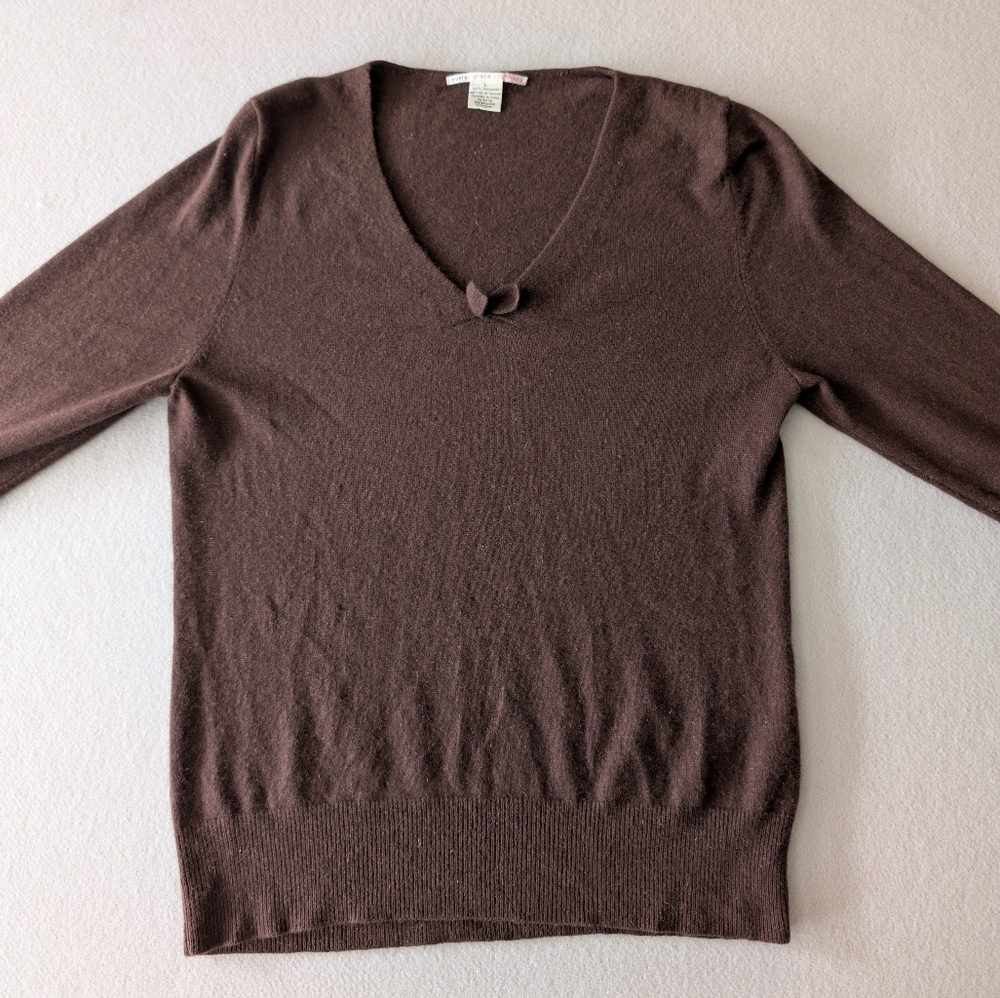 100% Cashmere Brown V-Neck Sweater Bow Accent Sz L Academia Vintage Inspired - Picture 6 of 11